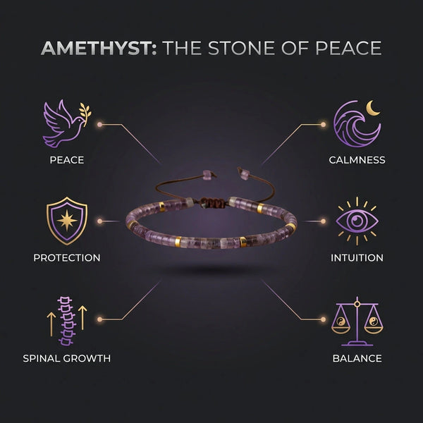 Infographic showing amethyst bracelet benefits including peace, calmness, protection and balance