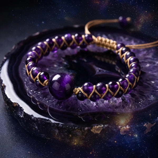 Amethyst eclipse bracelet on a dark geode slice against a starry cosmic backdrop