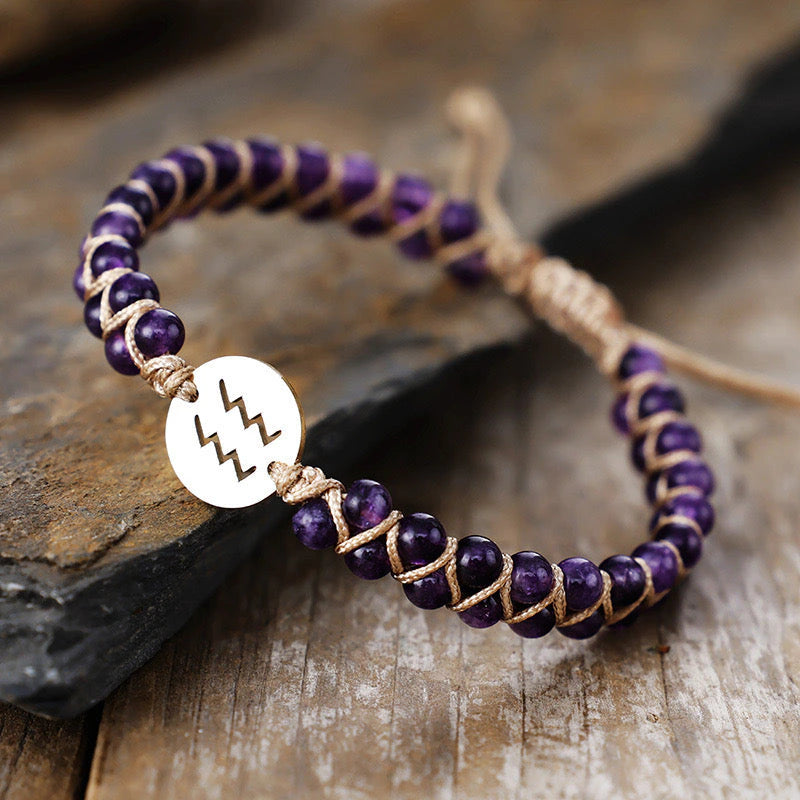 Natural amethyst Aquarius zodiac bracelet with silver sign charm for vision and focus - Soultheory India