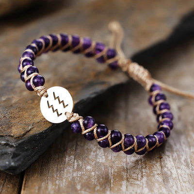 Natural amethyst Aquarius zodiac bracelet with silver sign charm for vision and focus - Soultheory India