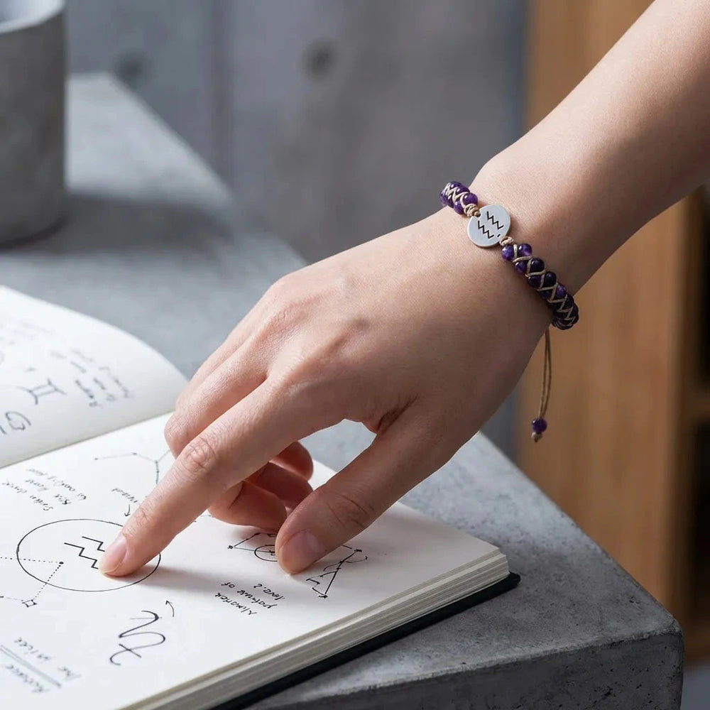 Natural amethyst Aquarius zodiac bracelet with silver sign charm for vision and focus - Soultheory India