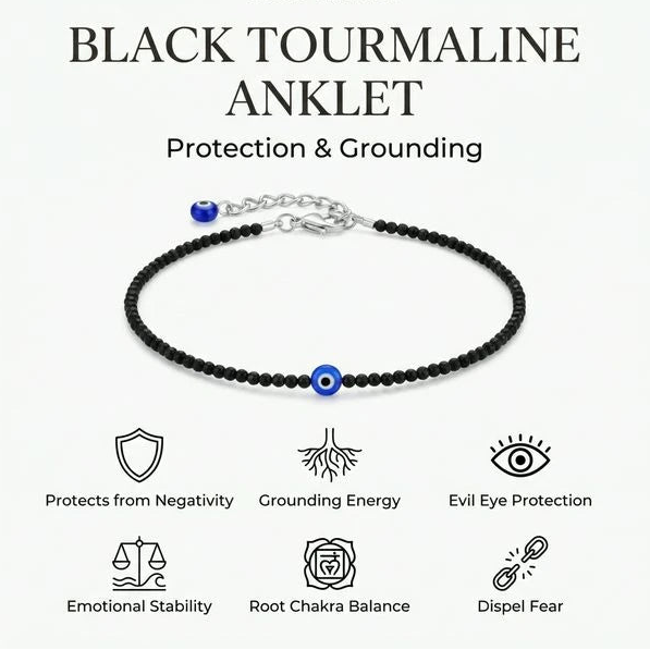 Black Tourmaline Anklet with Evil Eye (Nazar) Charm