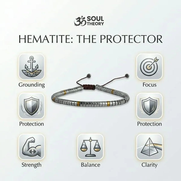 Hematite Silver Natural Stone Bracelet for Grounding, Focus, and Protection