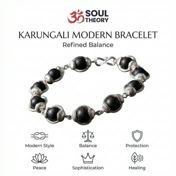 Karungali Malai Silver Cap Bracelet Modern - Ebony Wood — worn on wrist