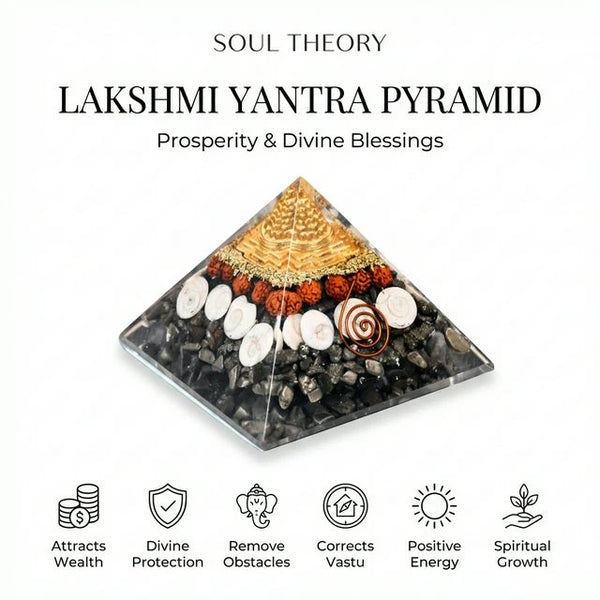 Lakshmi Yantra Pyramid with Shree Yantra, Rudraksha, Gomti Chakra & Pyrite