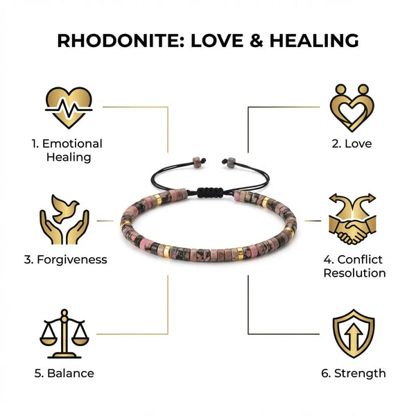 Rhodonite Natural Stone Bracelet – Stone of Love, Healing, and Emotional Strength — worn on wrist