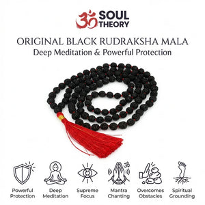 Original Black Rudraksha Mala - 108+1 Beads — detail view