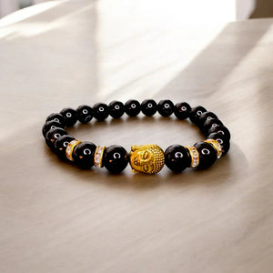 Black bead bracelet with gold Buddha head and crystal spacers for grounding and protection