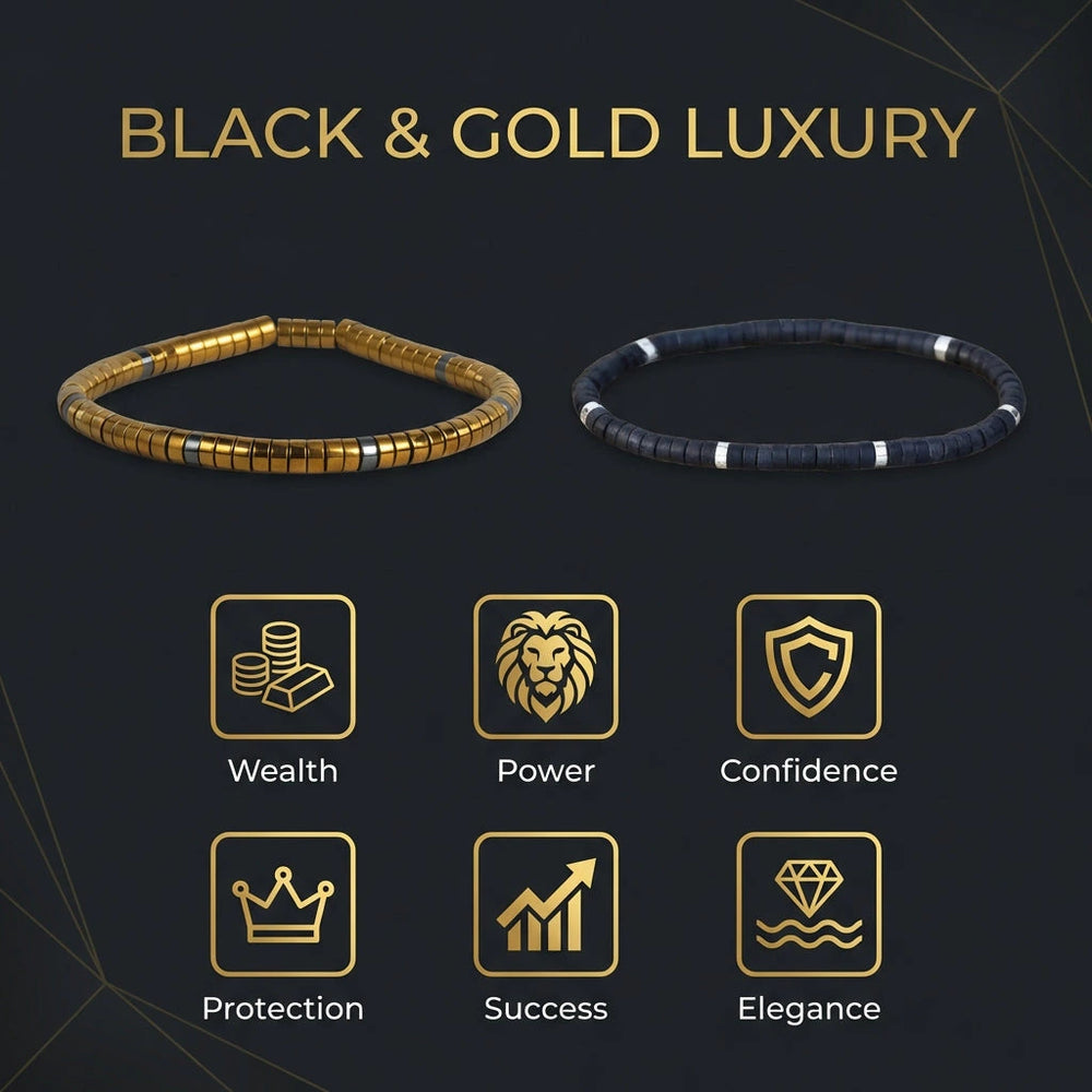 Black onyx and gold hematite couple bracelet combo worn at a candlelit dinner for confidence - Soultheory India