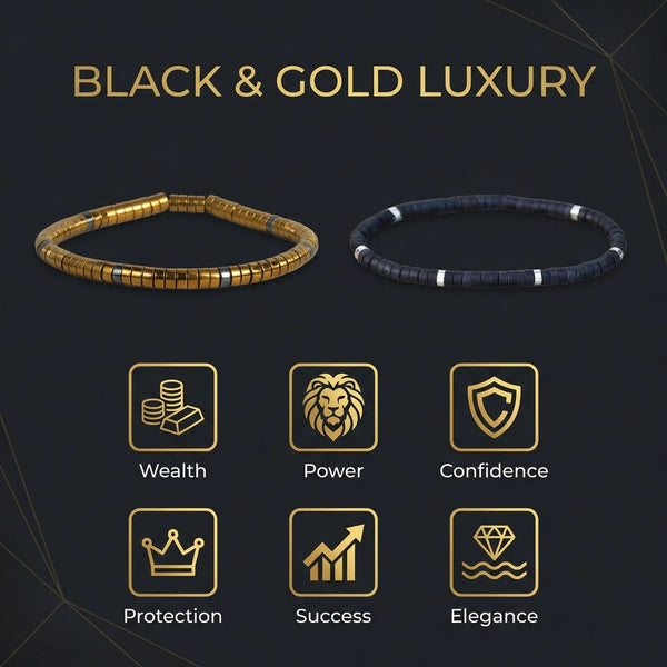 Black and Gold Luxury combo chart showing wealth, power and elegance meanings of both stone bracelets