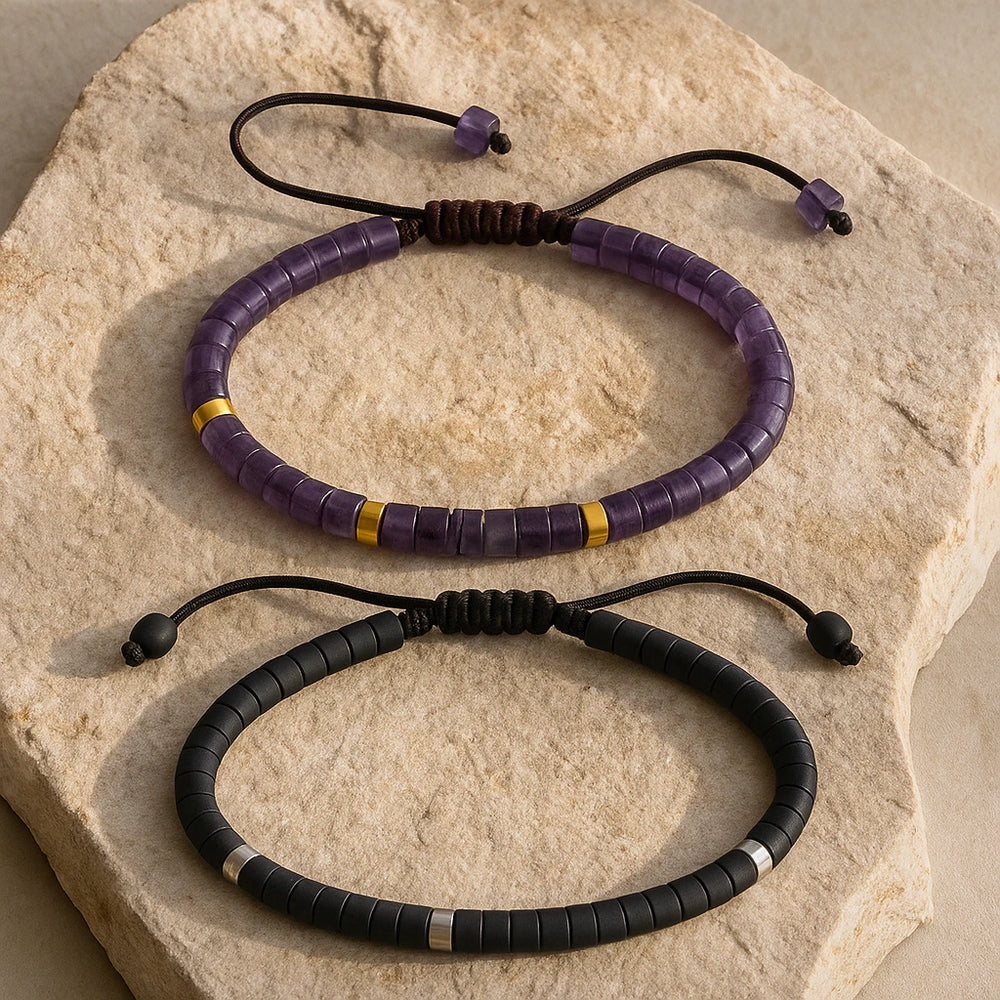 Black onyx and amethyst bracelet combo worn on wrist for protection and calm - Soultheory India