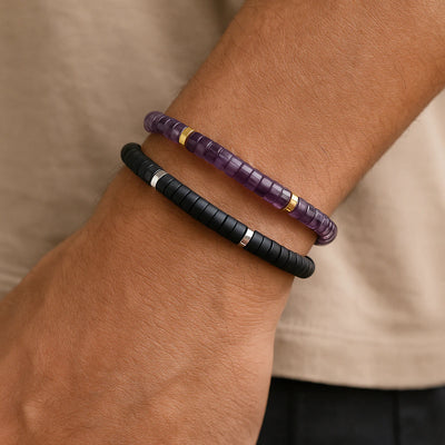 Black onyx and amethyst bracelet combo worn on wrist for protection and calm - Soultheory India