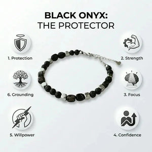 Black onyx bracelet benefits chart showing protection, strength, grounding, focus, willpower and confidence