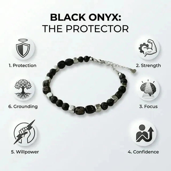 Black onyx bracelet benefits chart showing protection, strength, grounding, focus, willpower and confidence