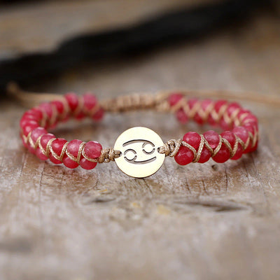 Cancer zodiac cherry pink stone bracelet with gold crab sign charm for comfort and protection - Soultheory India