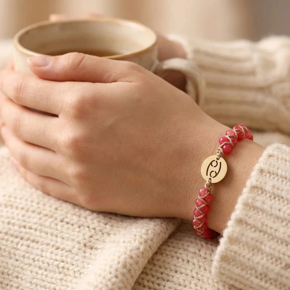 Cancer zodiac cherry pink stone bracelet with gold crab sign charm for comfort and protection - Soultheory India