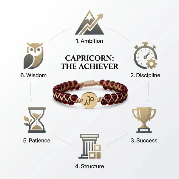 Capricorn the achiever traits chart around the zodiac stone bracelet showing ambition, discipline and success icons