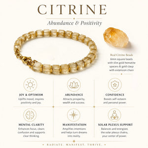 Citrine bracelet benefits for abundance, joy and confidence with real citrine beads and gold hematite