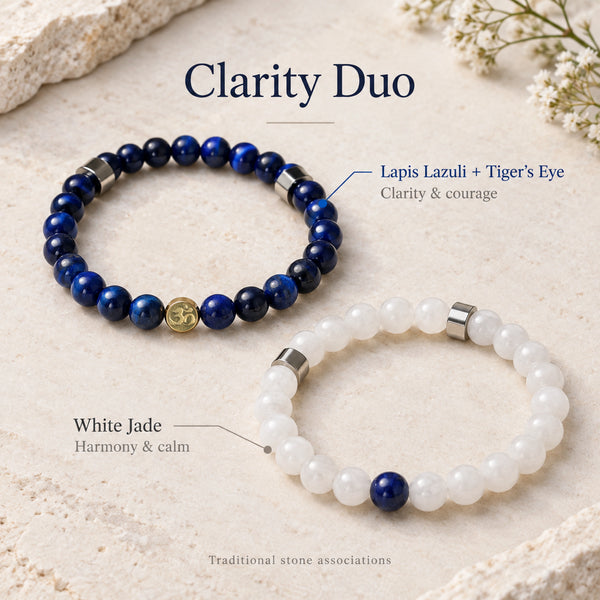Soultheory Clarity Bracelet Duo - Lapis Lazuli, Tiger's Eye & White Jade (Set of 2) - stone associations with markers