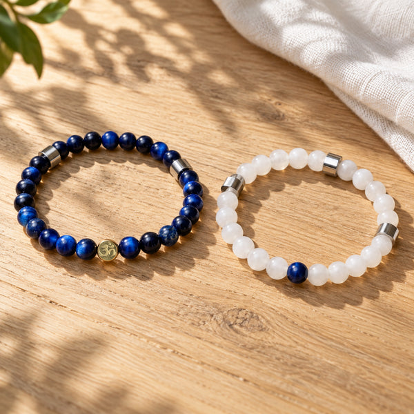 Soultheory Clarity Bracelet Duo - Lapis Lazuli, Tiger's Eye & White Jade (Set of 2) - 2 separate bracelets laid out naturally