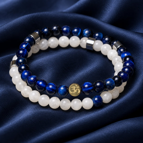 Soultheory Clarity Bracelet Duo - Lapis Lazuli, Tiger's Eye & White Jade (Set of 2) - fabric styling photograph