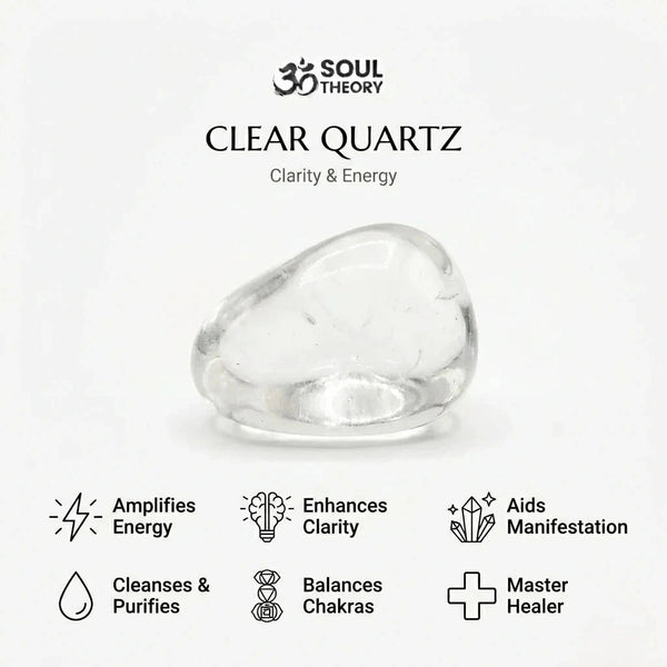 Infographic explaining clear quartz bracelet benefits like amplifying energy and enhancing clarity
