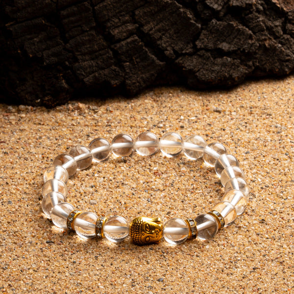 Clear quartz round bead bracelet with gold Buddha and crystal spacers for mental clarity
