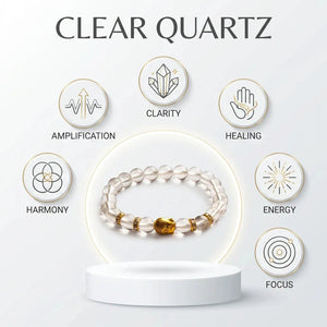 Clear quartz Sphatik bracelet infographic showing clarity, focus, harmony and energy