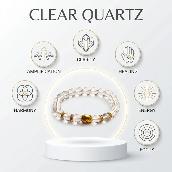 Clear quartz Sphatik bracelet infographic showing clarity, focus, harmony and energy