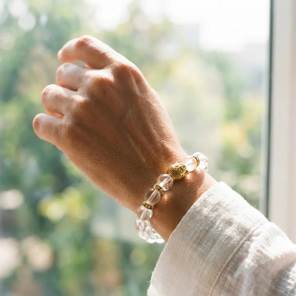 Natural clear quartz Sphatik bracelet with gold Buddha for clarity and focus - Soultheory India