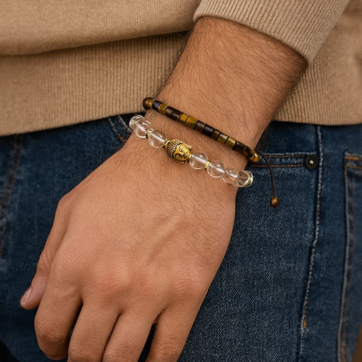 Man wearing tiger eye and clear quartz office combo bracelets on his wrist for focus - Soultheory India