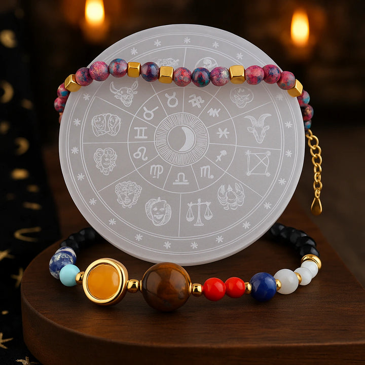Purple jasper bracelet, selenite zodiac plate and solar system planet bracelet combo - Soultheory India
