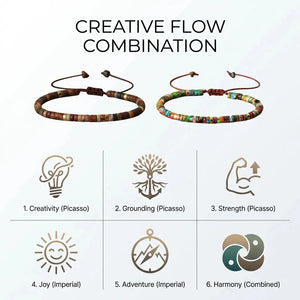 Creative Flow combo chart showing creativity, grounding and harmony meanings of both jasper bracelets