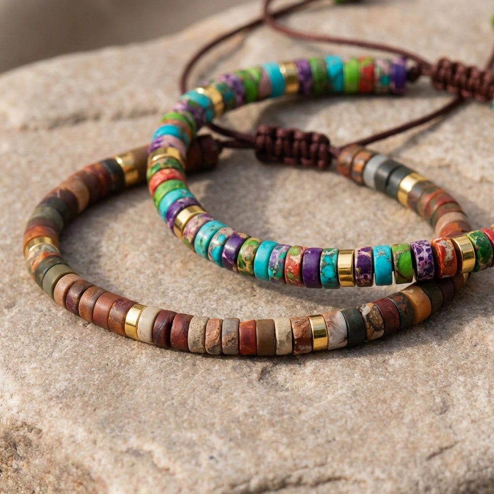 Picasso jasper and multi imperial jasper couple bracelet combo worn on wrists for creative flow - Soultheory India
