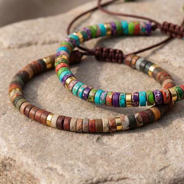 Matching Picasso jasper and multi imperial jasper bracelet pair for couples shown on natural stone