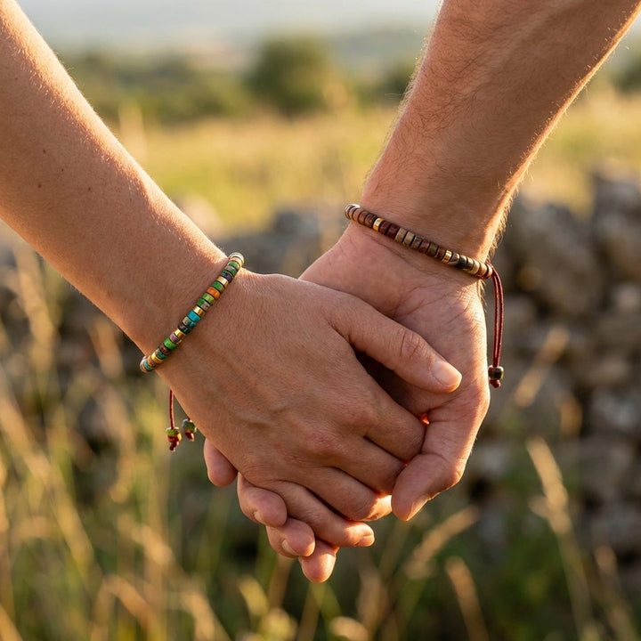 Picasso jasper and multi imperial jasper couple bracelet combo worn on wrists for creative flow - Soultheory India