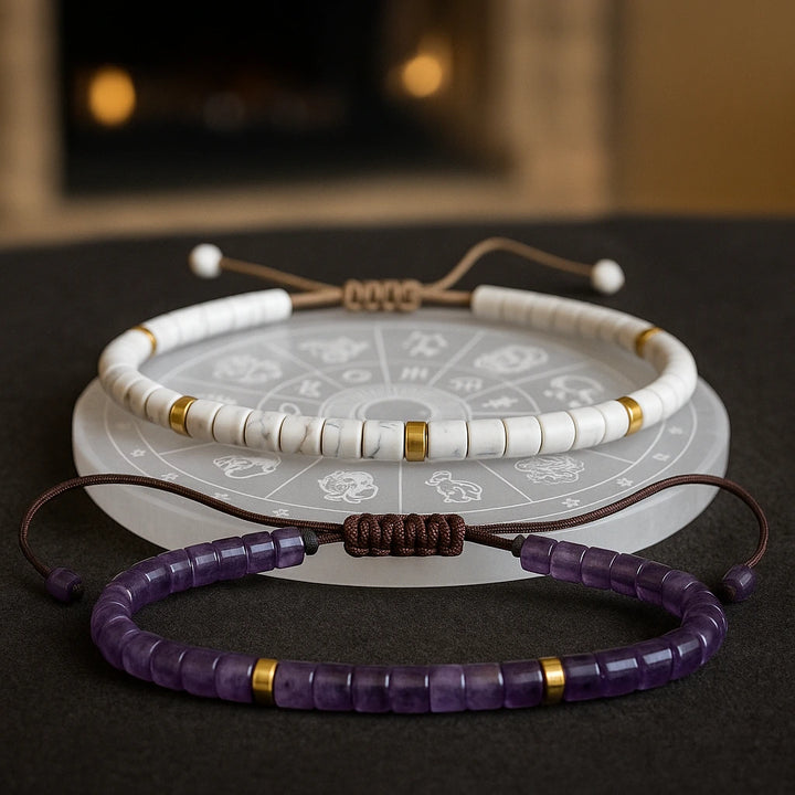 Deep healing combo with howlite and amethyst bracelets on a selenite charging plate for calm - Soultheory India
