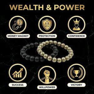 Ebony wood and golden pyrite bracelet combo chart with money magnet, confidence and success icons