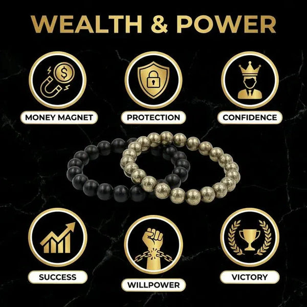 Ebony wood and golden pyrite bracelet combo chart with money magnet, confidence and success icons