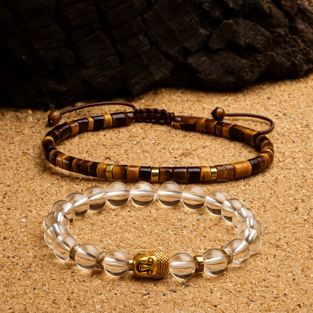 Man wearing tiger eye and clear quartz office combo bracelets on his wrist for focus - Soultheory India