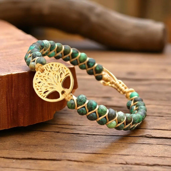 Forest jasper tree of life bracelet with green beads and gold charm for growth and renewal - Soultheory India