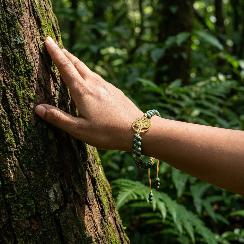 Forest jasper tree of life bracelet with green beads and gold charm for growth and renewal - Soultheory India
