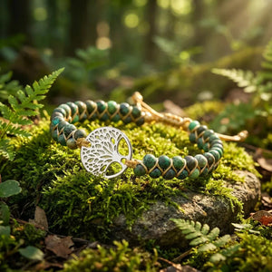 Forest jasper beaded bracelet with a silver tree of life charm resting on sunlit forest moss