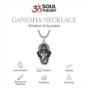 Ganesha necklace infographic showing wisdom, prosperity and blessings as remover of obstacles