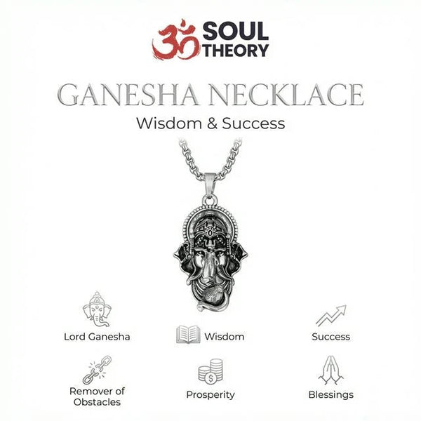 Ganesha necklace infographic showing wisdom, prosperity and blessings as remover of obstacles