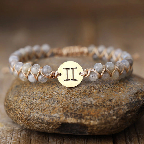 Gemini zodiac energy stone bracelet with gold sign charm and grey labradorite beads for clarity - Soultheory India