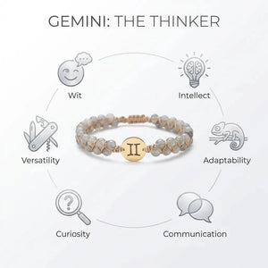 Gemini the thinker traits chart around the zodiac stone bracelet showing wit, intellect and communication icons