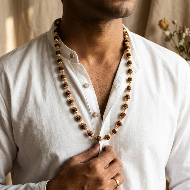 Modern gold plated rudraksha mala with 5 mukhi beads draped on soft fabric for daily devotion - Soultheory India