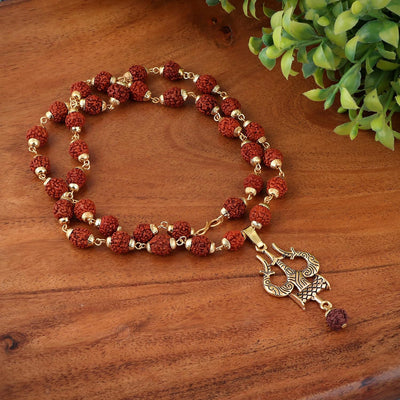 Gold plated rudraksha bead necklace with Trishool pendant for Lord Shiva devotees - Soultheory India