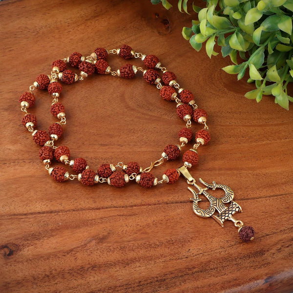 Gold plated rudraksha bead necklace with Trishool pendant for Lord Shiva devotees - Soultheory India